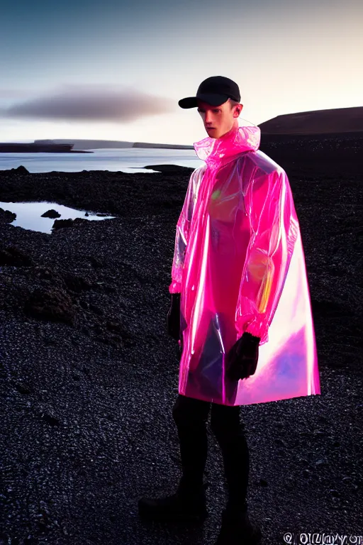 Image similar to an ultra high definition professional high fashion portrait studio full length photograph of a male model wearing a transparent pearlescent raincoat and neon visor in an icelandic black rock environment at dawn. no artefacts. extremely detailed. stark. refraction. shallow depth of field. volumetric light and shadow. ray tracing. light rays.