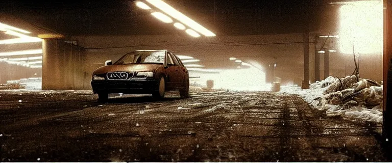 Image similar to Audi A4 B6 Avant (2002), a gritty neo-noir, dramatic lighting, cinematic, eerie person silhouette, death, homicide, homicide in the snow, gunshots, establishing shot, extremely high detail, photorealistic, cinematic lighting, artstation, by simon stalenhag, Max Payne (PC) (2001) winter New York Manhattan at night, In the style of Max Payne 2 graphic novel, ultra grim, flashing lights, Poets of the Fall - Late Goodbye