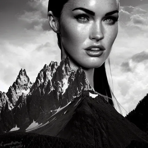 Image similar to double - exposure effect of megan fox face in the shape of beautiful mountains, in the style of dan mountford, amazing detail, black and white