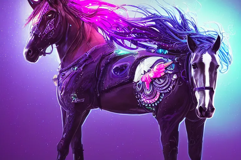 Image similar to a beautiful full body portrait of a cute cyberpunk horse with bioluminescent mane by sandra chevrier and greg rutkowski and wlop, purple blue color scheme, vaporware, retro, outrun, high key lighting, volumetric light, digital art, highly detailed, fine detail, intricate, ornate, complex, octane render, unreal engine, photorealistic