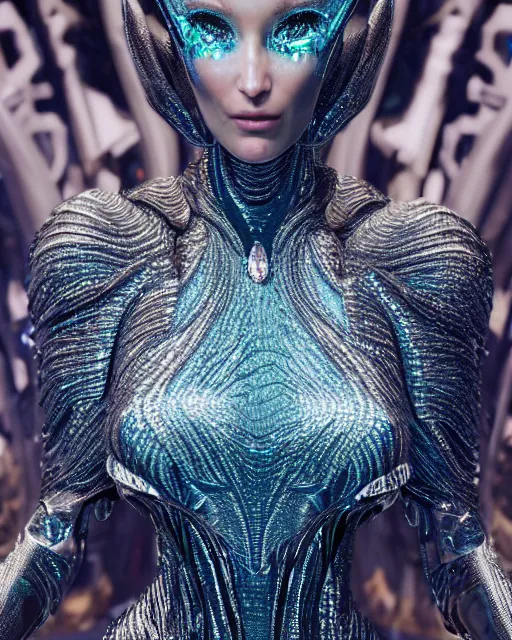 Image similar to a highly detailed metahuman 4 k close up render of an alien goddess bella hadid as alien in iris van herpen dress schiaparelli in diamonds crystals swarovski and jewelry in style of alphonse mucha gustav klimt trending on artstation made in unreal engine 4