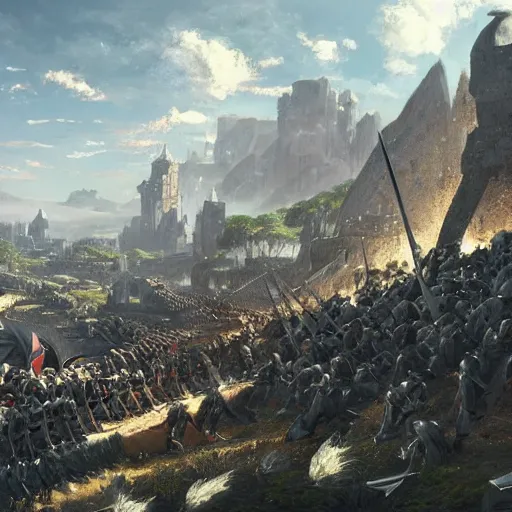 Image similar to a beautiful medieval battle between Knight and Templar against the Orcs, in anime style highly detailed by Raphael Lacoste, greg rutkowski, makoto shinkai