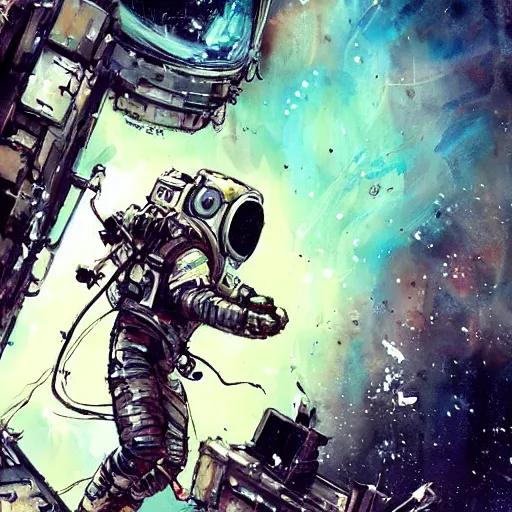 Image similar to astronaut on a spacewalk, cyberpunk, realistic, detailed, Industrial Scifi, paint, watercolor, in the style of Ashley Wood and Wadim Kashin