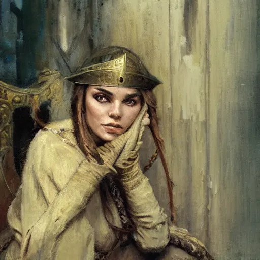 Image similar to a medieval guard woman, relaxing after a fight, candid and worn out, fantasy character portrait by gaston bussiere, craig mullins