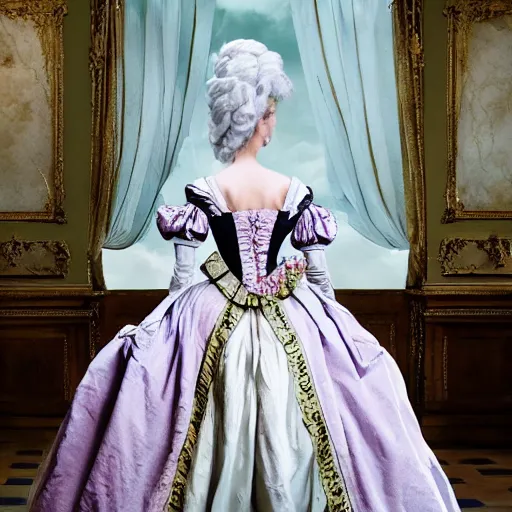 Image similar to marie antoinette wearing robe a la francaise, wow 4 k detail fantasy, matte painting, realistic materials, photo realistic, postprocessing, cinematic, hyperrealistic, studio lighting, ekaterina, the tudors, photography by richard jenkins