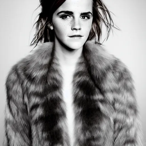 Prompt: portrait photograph of emma watson with tiger fur