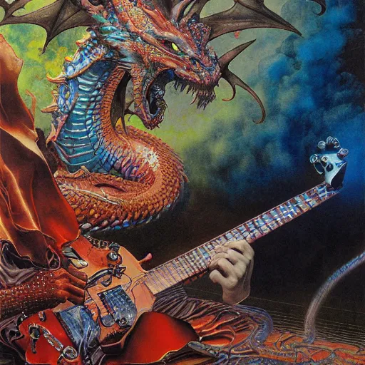 Prompt: realistic detailed image of dragon playing electric guitar by Ayami Kojima, Amano, Karol Bak, Greg Hildebrandt, and Mark Brooks, Neo-Gothic, gothic, rich deep colors. Beksinski painting, part by Adrian Ghenie and Gerhard Richter. art by Takato Yamamoto. masterpiece