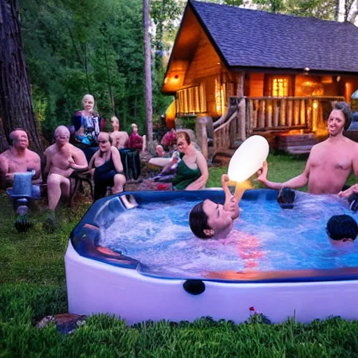 Image similar to people in a hot tub by a cabin in nature, everyone holding a balloon each