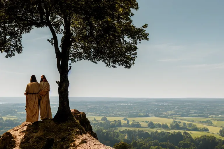 Image similar to a unique close - up photo of jesus and mary magdalene standing on a cliff looking over a beautiful landscape in france, rennes - le - chateau, award winning photo, very detailed, very realistic cinematic