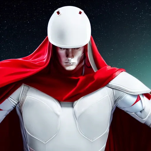 Image similar to headshot of a tall athletic muscular infantry man in glossy sleek white armor with tiny red details and a long red cape, heroic posture, strong jawline, on the surface of mars, night time, dramatic lighting, cinematic, sci-fi, hyperrealistic, godrays, diffused lighting, movie still