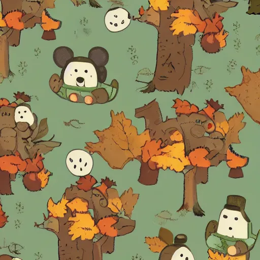 Image similar to autumnal woods with teddy bears, in the style of over the garden wall