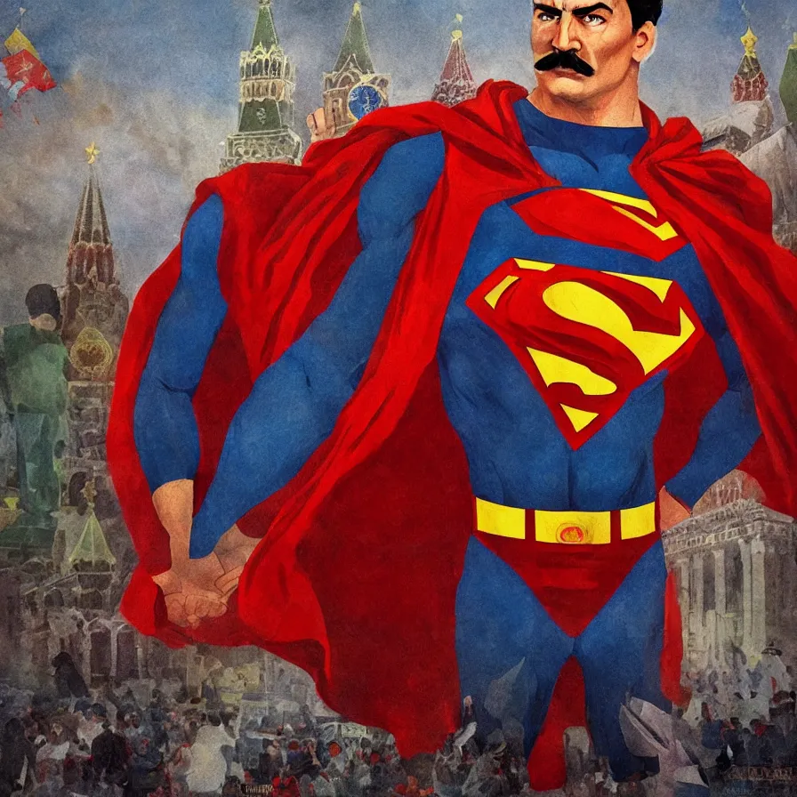 Image similar to stalin as superman red son standing triumphantly in the red square ( moscow ), socialist realism, oil painting masterpiece, photorealistic, detailed picture, intricate digital art, trending artstation, rich moody colors, fan art, concept art, artgem, 8 k ultra high definition