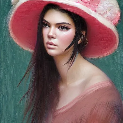 Image similar to happy very thick paint brush strokes paint texture full body fashion model kendall jenner by Jeremy Lipking by Hasui Kawase by Richard Schmid (((smokey eyes makeup eye shadow fantasy, glow, shimmer as victorian woman in a long white frilly lace dress and a large white hat having tea in a sunroom filled with flowers, roses and lush fern flowers ,intricate, night, highly detailed, dramatic lighting))) , high quality