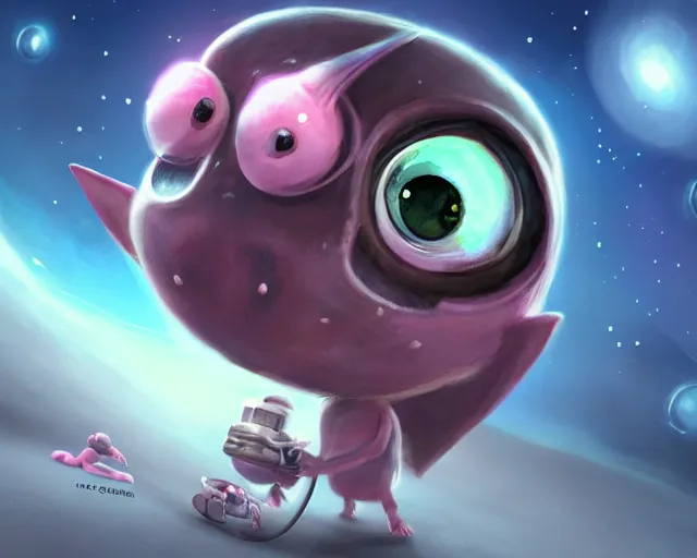 Image similar to 3D Fantasy Cute and adorable small alien piggy in space, huge adorable eyes, bright stars, Smooth 3D Illustration, soft render, Servando Lupini, Daniil Kudriavtsev, handpaint texture, Blender, 3DCoat