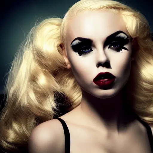 Image similar to modeling photograph kerli koiv, blonde, femme fatale jessica rabbit, beautiful, dark, mysterious, bubble goth makeup, detailed flawless face, dramatic darkroom lighting high exposure, head and shoulders 8 0 mm camera