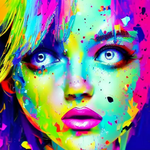 Image similar to references for beautiful woman digital art splattered by coloured paint