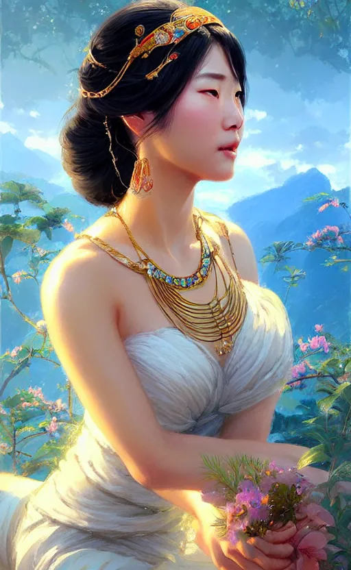 Image similar to a beautiful taiwan goddess with sundress with jewelry | | winter, realistic shaded, unpleasant face, good looking, fine details, realistic shaded lighting poster by greg rutkowski, magali villeneuve, artgerm, jeremy lipkin and michael garmash and macoto takahashi