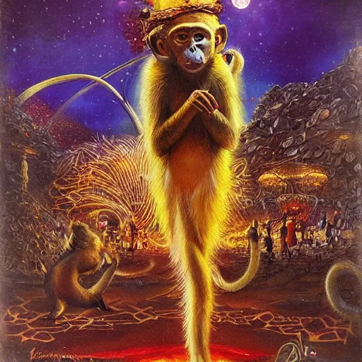 Prompt: A monkey at ozora festival by night, art by karol bak