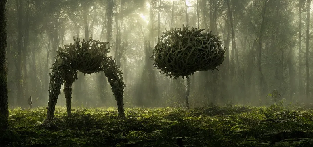 Image similar to a complex organic fractal 3 d metallic symbiotic ceramic humanoid megastructure creature in a swampy lush forest, foggy, sun rays, cinematic shot, photo still from movie by denis villeneuve, wayne barlowe