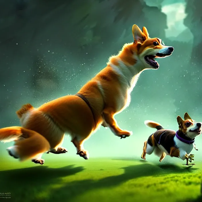 Prompt: epic professional digital art of a corgi chasing a frog, best on artstation, cgsociety, wlop, Behance, pixiv, cosmic, epic, stunning, gorgeous, much detail, much wow, masterpiece by Dorian Cleavanger and Stanley Lau