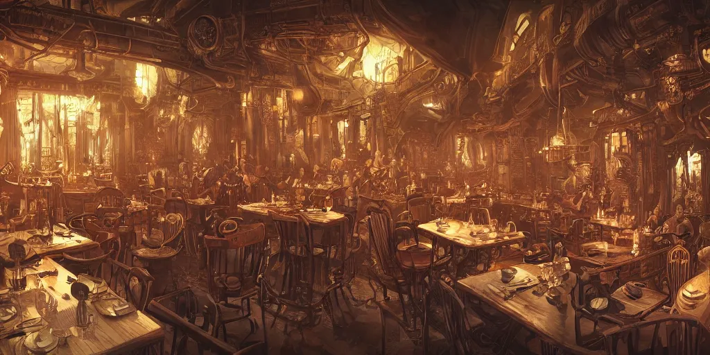 Image similar to Steampunk restaurant overview mapa design, Moebius, Greg Rutkowski, Zabrocki, Karlkka, Jayison Devadas, Phuoc Quan, trending on Artstation, 8K, ultra wide angle, pincushion lens effect