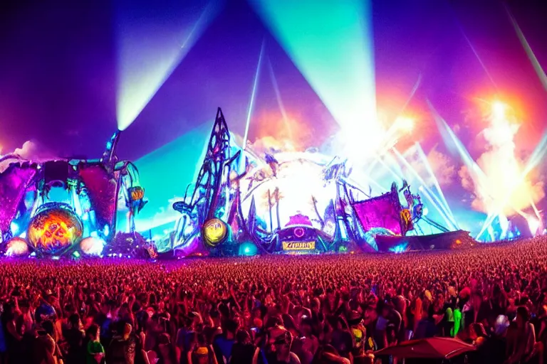 Image similar to the Tomorrowland Mainstage, cinematic lighting, lasers, night-time, festival, Tomorrowland, mainstage, colorful, epic composition