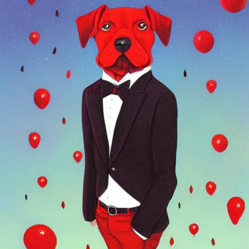 Image similar to portrait illustration of funny dog in the white tuxedo and red tie by jeremiah ketner, quint buchholz, wlop, dan mumford