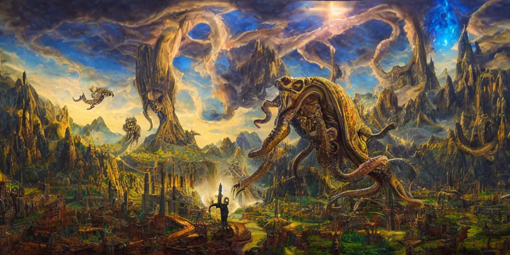 Image similar to fantasy oil painting, great leviathan, cybernetic turtle cephalopod terrapin reptilian pachyderm squid, bella hadid, hybrid, milla jovovich, anubis epic islamic city, natural light, lush plants flowers, spectacular mountains, bright clouds, luminous sky, outer worlds, golden hour, michael cheval, edward hopper, michael whelan, hd