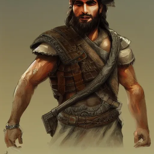 Image similar to kurdish male warrior, highly detailed, digital painting, artstation, concept art, sharp focus, illustration, incredibly strong and handsome