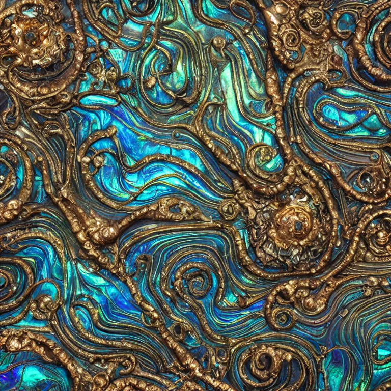 Image similar to Art Nouveau cresting oil slick waves, hyperdetailed bubbles in a shiny iridescent oil slick wave, black opal, abalone, paua shell, ornate copper patina medieval ornament, rococo, oganic rippling spirals, octane render, 8k 3D