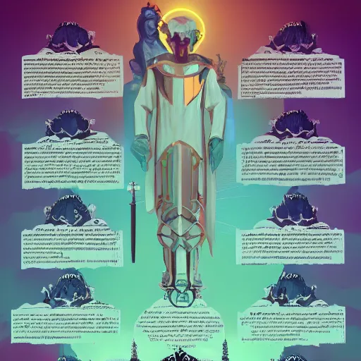 Prompt: A world where humanity remained loyal to archaic forces, and what followed was an unprecedented era of spiritual alchemy, Infographic, set design, props, Artstation, epic