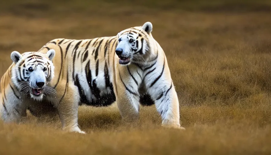 Image similar to a tiger polar bear!!! hybrid! hyper realistic!! realistic lighting!! wildlife photographer of the year!!! bold natural colors, national geographic, hd, wide angle, 8 k