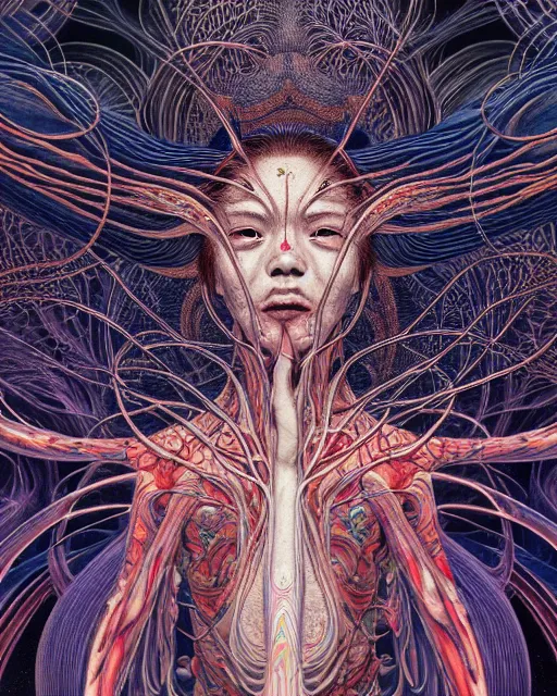 Image similar to realistic detailed image of the human spirit breaking away from the body, conjuring psychedelic background, part by takato yamamoto, part by alex gray, ross tran, james jean, ultra realistic, octane render, highly detailed, 8 k, trending on artstation, cosmic, symmetry, masterpiece