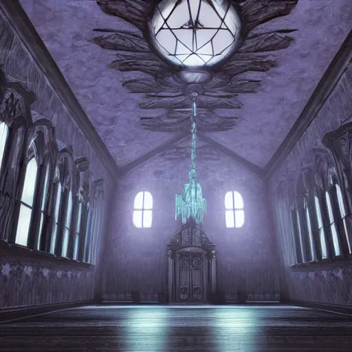 Prompt: large gothic hall with large chandelier under the ceiling, eyes over the windows, horror movie, moonlight, artstation, detailed, colorfull, futuristic