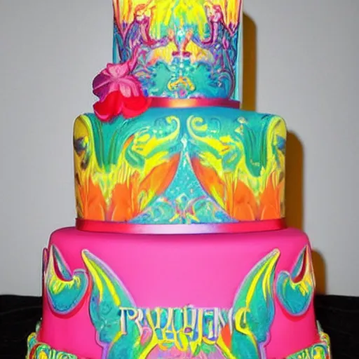 Prompt: fancy baroque cake light colors by greg hildebrandt and lisa frank