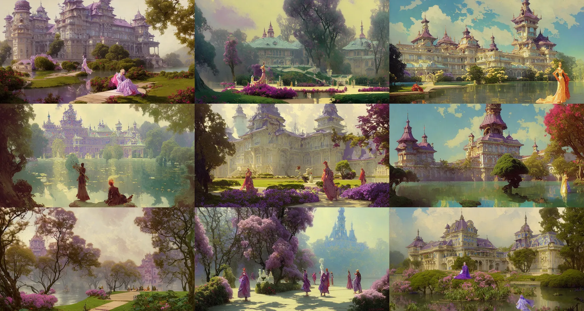 Prompt: royal palace near the lake, lilac bushes, art nouveau architecture, fantasy, art by joseph leyendecker, peter mohrbacher, ivan aivazovsky, ruan jia, reza afshar, marc simonetti, alphonse mucha