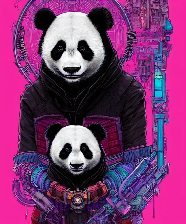 Prompt: a portrait of a cyberpunk panda, mandala, fantasy, intricate, elegant, highly detailed, digital painting, artstation, concept art, matte, sharp focus, illustration, art by josan gonzalez