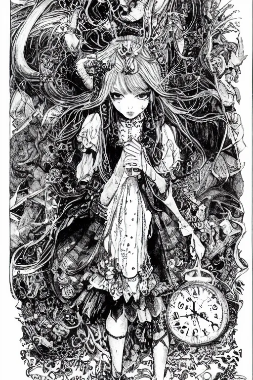 Image similar to Gothic Alice in wonderland tarot card , pen and ink, intricate line drawings, by Yoshitaka Amano, Ruan Jia, Kentaro Miura, Artgerm, watercolor