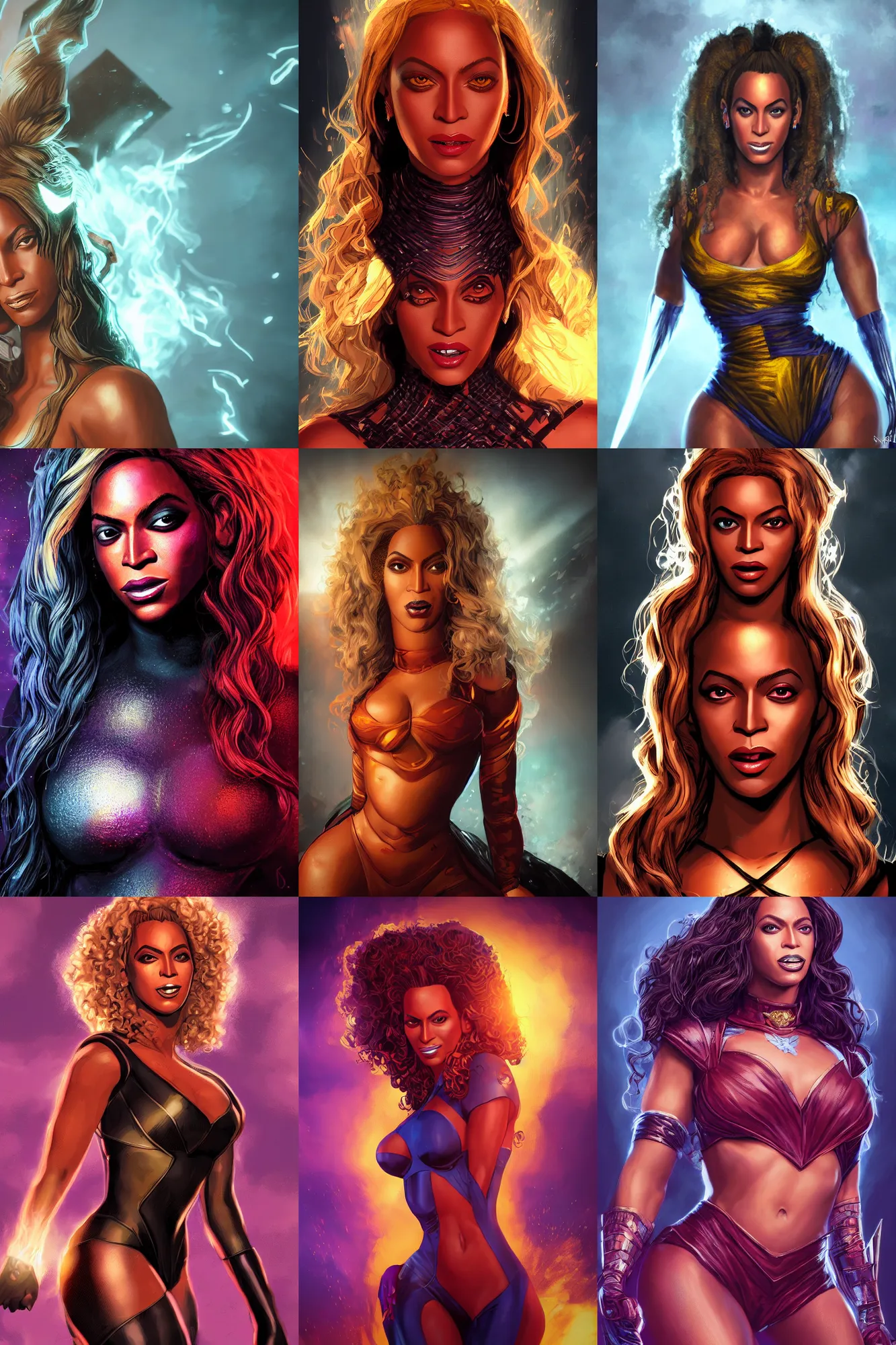 Prompt: A fantasy comic book style portrait painting of Beyonce at the Hellfire Gala, marvel comics, x-men, unreal 5, DAZ, hyperrealistic, octane render, RPG portrait, ambient light, dynamic lighting