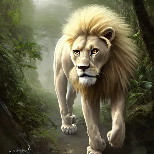 Image similar to commission portrait of a male anthro albino lion,wearing cargo pants and a boack t-shirt,going through a jungle cautiously.dramatic,character design by charles bowater,greg rutkowski,ross tran,hyperdetailed,hyperrealistic,4k,deviantart,artstation,professional photography,concept art