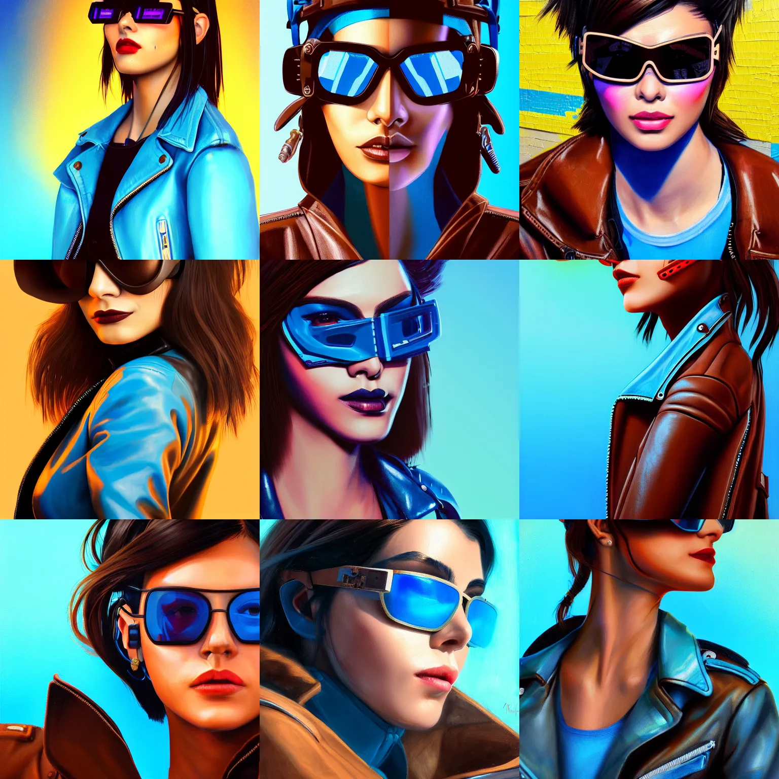 Prompt: 3 / 4 view closeup painting of a very beautiful young mexican cyberpunk woman smirking, wearing light blue shutter shades and a dark brown leather jacket, one side brown haircut with blue ends, portrait, hyperdetailed, artstation, cgsociety, 8 k, synthwave by tangerine dream