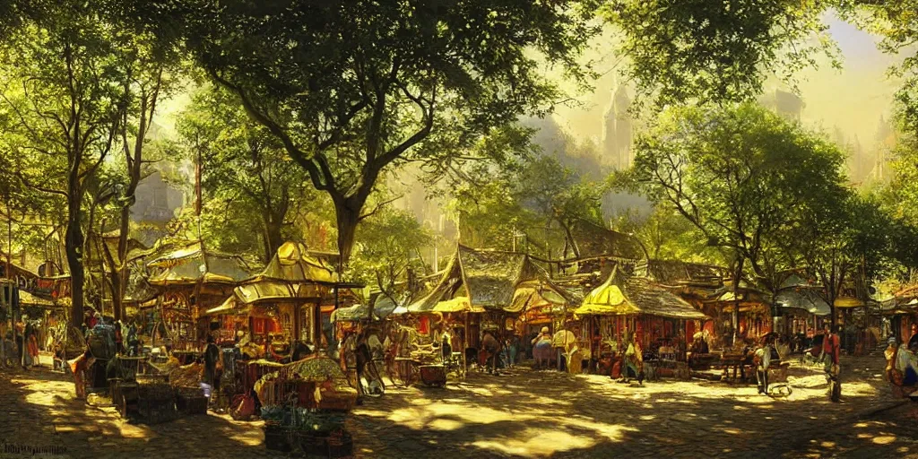 Prompt: a cozy fantasy city in a shaded forest, marketplace, thatched houses, yellow and greens, sun rays, peaceful james gurney