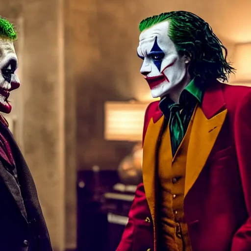 Image similar to A still of Johnny Depp talking with The Joker on a premiere, 4k, highly detailed, photograph, photoreal, professional lighting, promo shoot, award winning