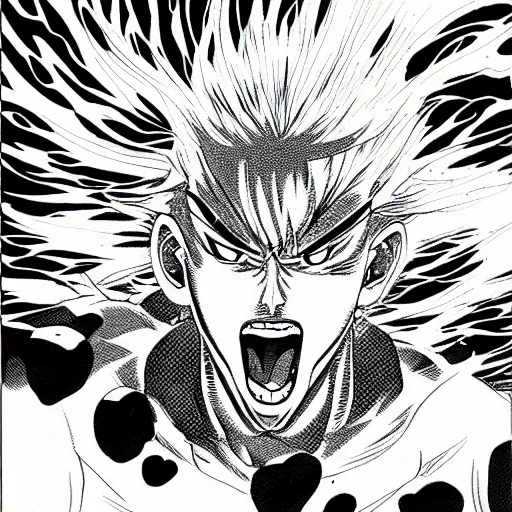 Prompt: Serious Sneeze destroys the sun, manga panel, black and white ink, by Yusuke Murata