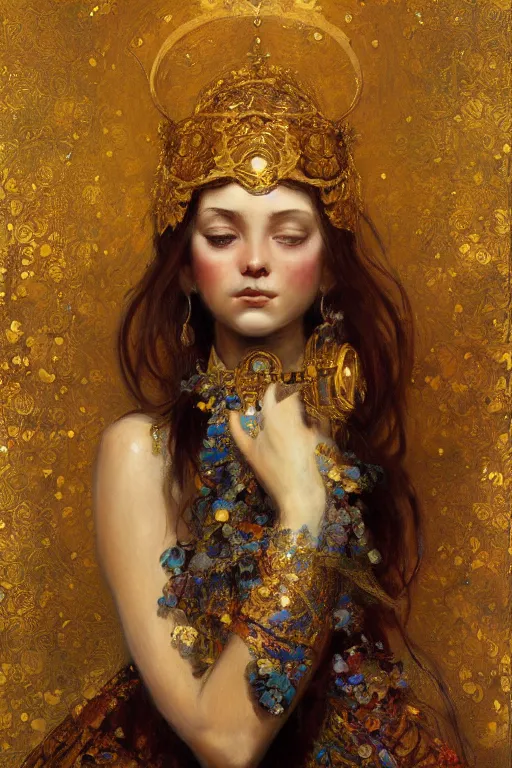 Image similar to an intricate artistic pose painting of a beautiful young girl with an artistic pose with klimt golden motives and textures, hyper detailed, ornamental gold headpiece, octane render, vivid colors, artstation, by jeremy mann, by alphonse mucha, by boris vallejo