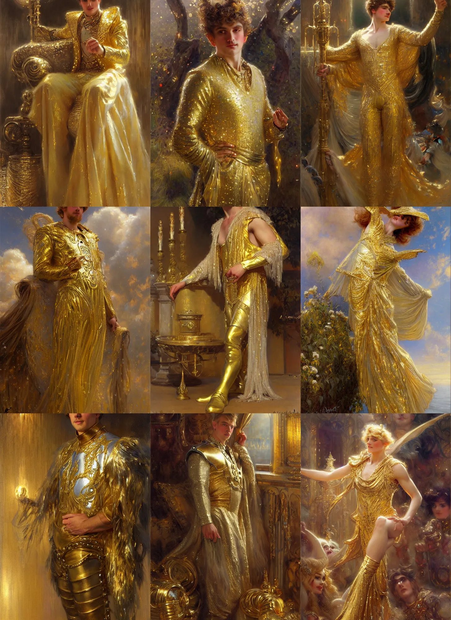 Prompt: a man dressed in a gold and silver costume, art by alex heywood and gaston bussiere, albert lynch, fantasy art, reimagined by industrial light and magic, oil on canvas, hd