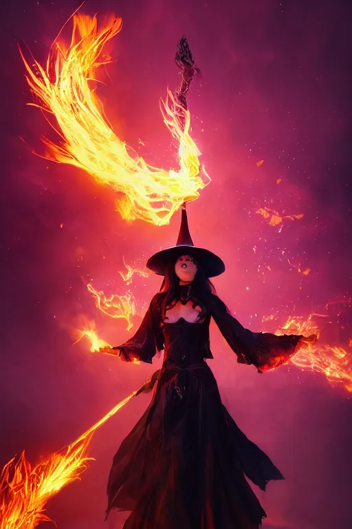Prompt: a beautiful dark magician girl with a large witches hat covered in colourfull flames by Greg Rutkowski, Sung Choi, Mitchell Mohrhauser, Maciej Kuciara, Johnson Ting, Maxim Verehin, Peter Konig, final fantasy , mythical, 8k photorealistic, cinematic lighting, HD, high details, atmospheric,
