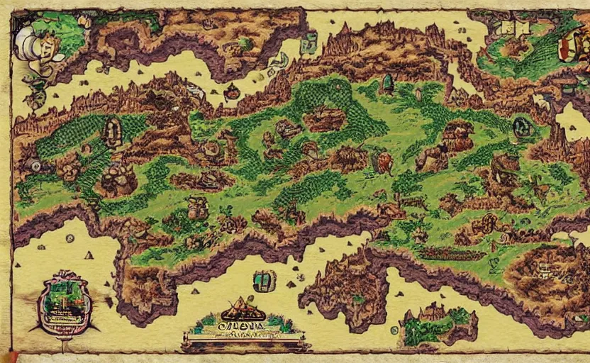 Prompt: super mario world map, antiquated, stained, cartography, photorealistic