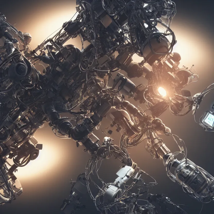 Image similar to aerial view of a robot doing a surgery on a black man with long curly hair, 3d render, dim volumetric lighting, 8k octane beautifully detailed render, post-processing, extremely hyperdetailed, intricate futuristic mechanic parts, epic composition, cinematic lighting, trending on artstation