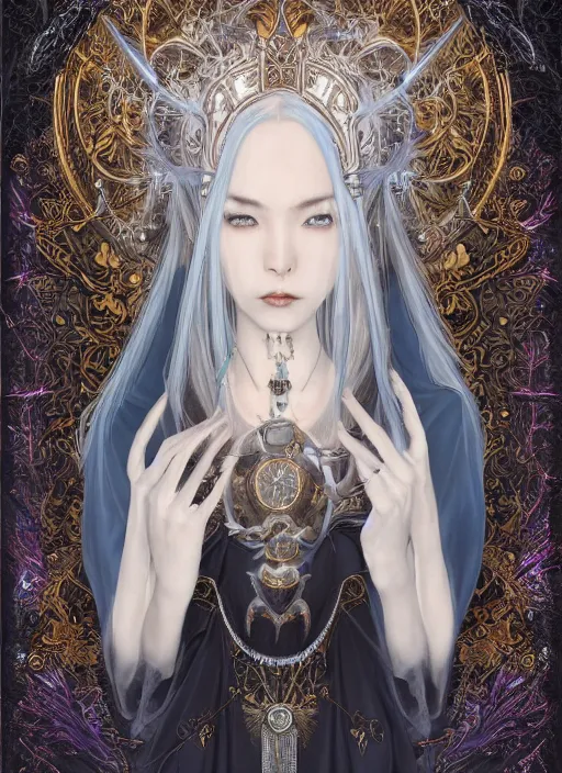 Image similar to breathtaking detailed art portrait painting of evil fantasy sorceress vampire, orthodox saint, with anxious, piercing eyes, ornate background, amalgamation of spells, by Hsiao-Ron Cheng, James jean, Miho Hirano, Hayao Miyazaki, extremely moody lighting, Black paper, cut paper texture, Full of light-blue and silver and white layers, 8K